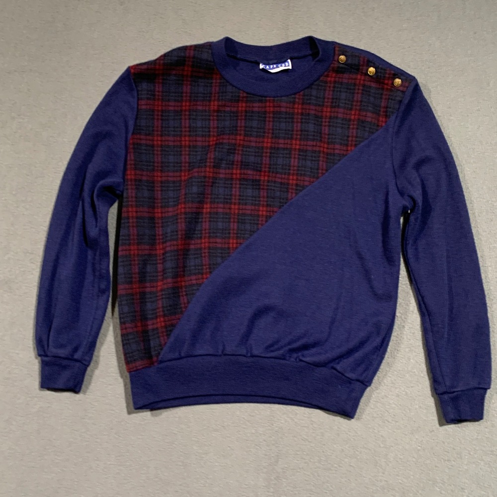Cape Cod Sportswear Women's L‎ Plaid & Navy Blue Sweatshirt Crewneck Made in USA